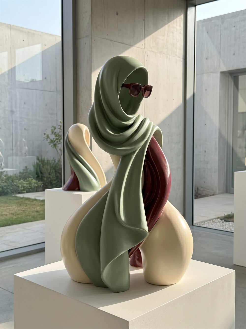 A sculptural figure draped in a flowing sage-green hijab, displayed on a gallery plinth.